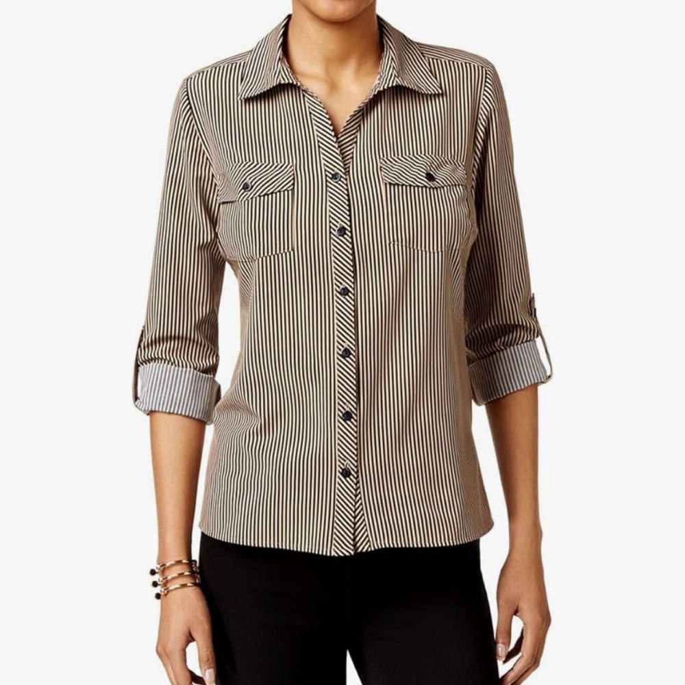 Notations Black and Tan Striped Button Down Shirt